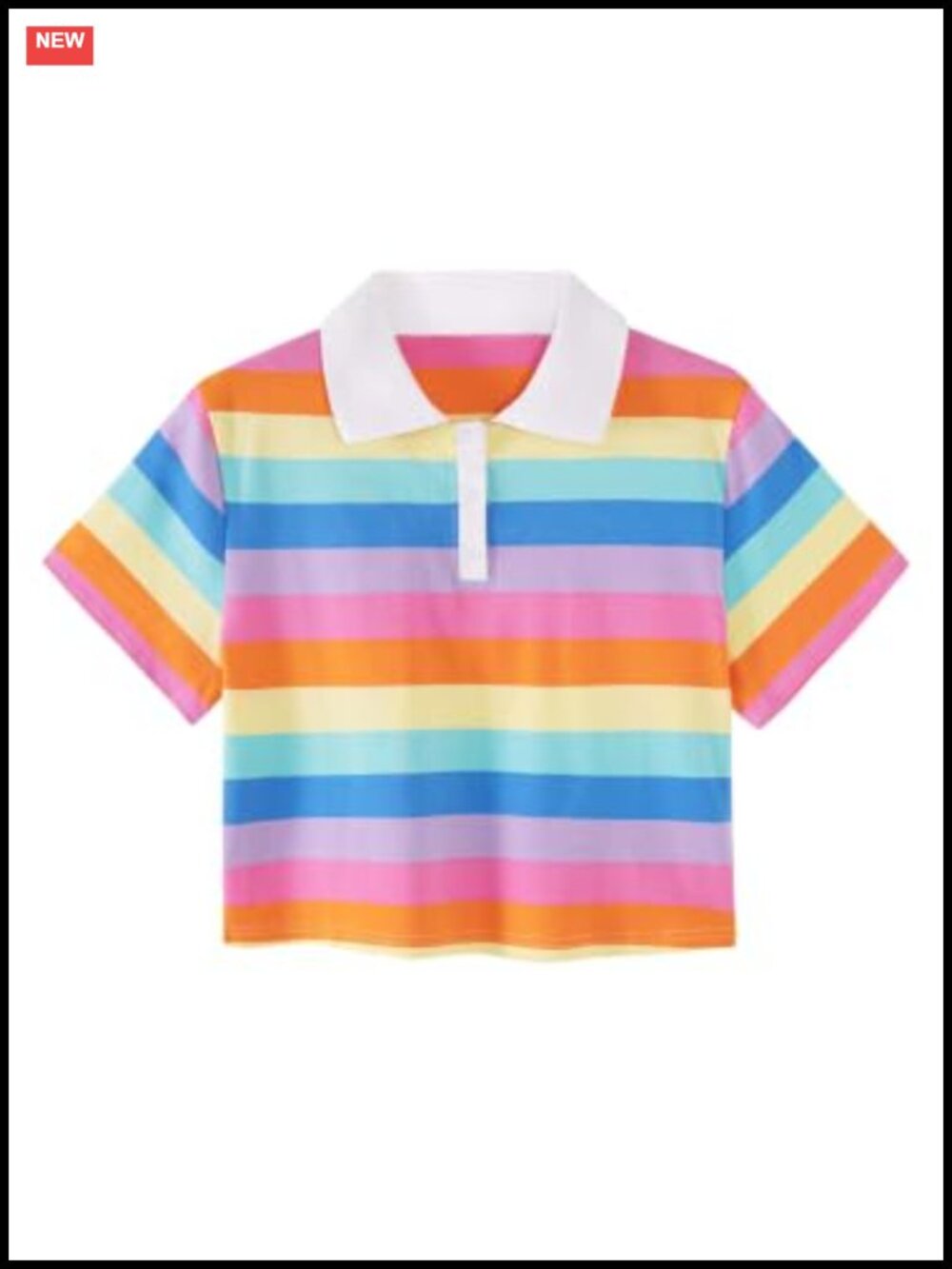 Women's Rainbow Striped Crop Top Short Sleeve Polo Collar Button Front Blouse